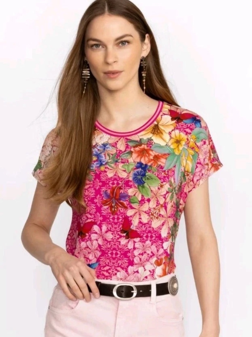 Johnny Was Womens XS Pink Floral Butterfly Print Knit Tee Short Sleeve Boho Top